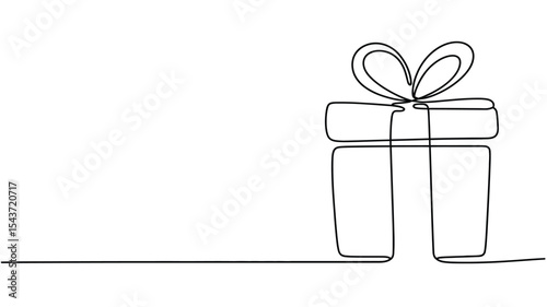 Single line drawing of a gift box with bow