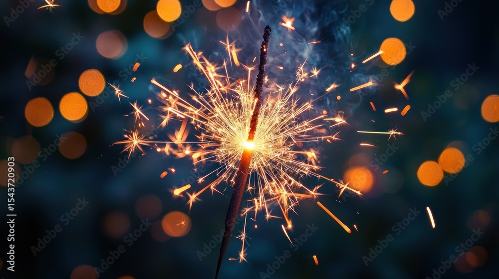 Obraz premium A single lit sparkler against a dark background with bokeh lights.