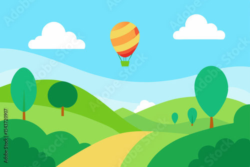 Beautiful summer landscape with green trees, rolling hills, and a vibrant sky filled with clouds and a bright sun