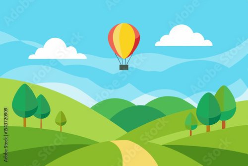 A vibrant summer landscape with green trees, rolling hills, and a clear blue sky with fluffy clouds