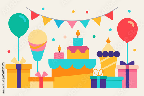 Happy birthday celebration set with cake, balloons, and gifts, perfect for a fun party invitation design
