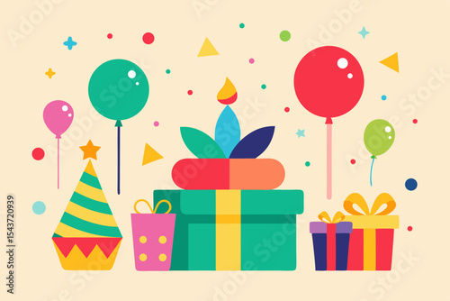 Here's a festive birthday card design featuring gift boxes, balloons, and decorative ribbons, perfect for celebrating happy holiday moments