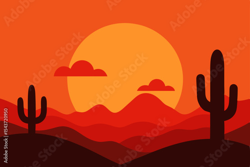 Desert landscape illustration with cactus silhouettes at sunrise