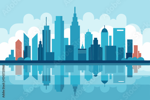 New York City's urban skyline vector illustration: a dynamic panorama of towering skyscrapers and iconic architecture under a blue sky, capturing the vibrant downtown cityscape