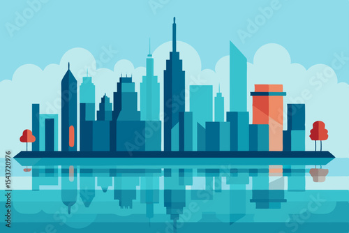Chicago city skyline reflecting in water with modern downtown architecture