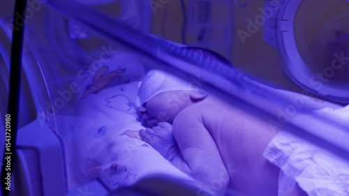 A newborn receiving phototherapy treatment in a clinic setting. The baby is protected by a white eye mask during the procedure under ultraviolet light.