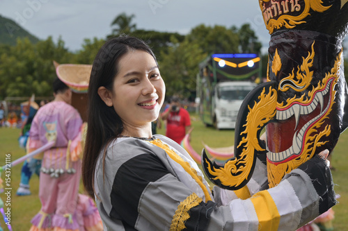 Loei Thailand July 6 2024 Phi Ta Khon festival Ghost mask and colorful costume Fun Traditional Tradition Very famous There are tourists around the world at Dan Sai Loei halloween of Thailand