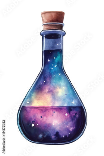 Magical potion bottle with galaxy inside mystical watercolor elixir on transparent background vector