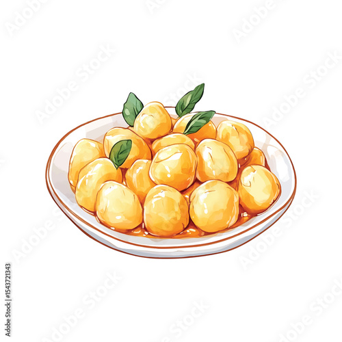 Gnocchi dish served with basil leaves on a white plate vector png