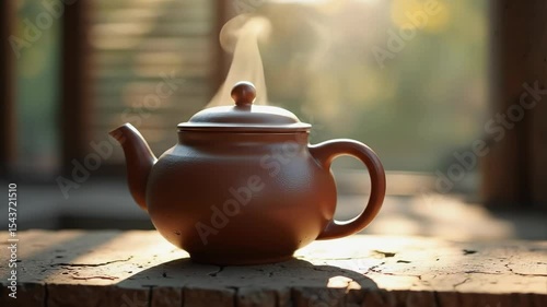 Brewed Serenity: A close-up of a ceramic teapot emitting delicate steam, with natural lighting, evokes a sense of calm and simple pleasure. A perfect visual for wellness and relaxation.