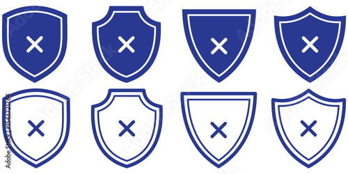 Collection of shield icons with crosses on a white background. Rejected shield with cross icon. 