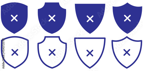 Collection of shield icons with crosses on a white background. Rejected shield with cross icon. 