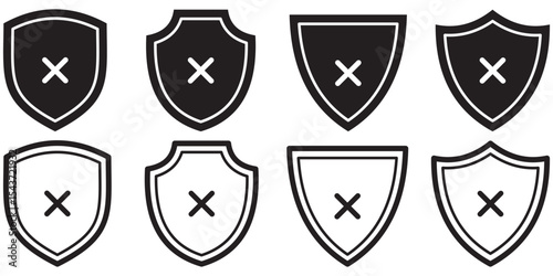 Collection of shield icons with crosses on a white background. Rejected shield with cross icon. 