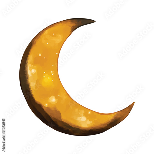 Golden crescent moon watercolor illustration for ramadan and eid celebrations on transparent background