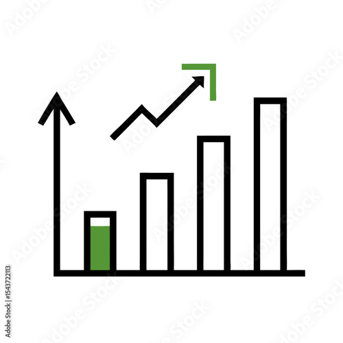 Black and green line graph with arrow indicating growth and increasing bar chart