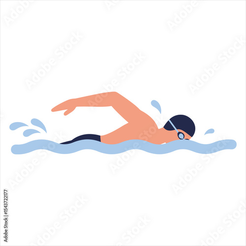 Man Swimming Freestyle Stroke Vector Illustration - Active Male Swimmer Exercising and Training in Water for Sport and Fitness in Modern Flat Style