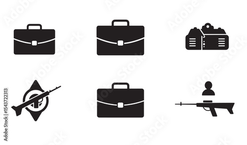 Black and white icon set of briefcase equipment and weapons for business and security