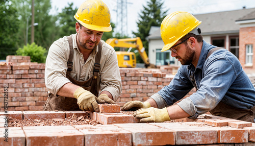 Two construction workers laying bricks on a building site. Both men wear yellow hard hats and gloves. One has a beard and the other has glasses.