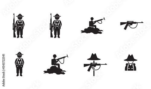 Black and white silhouettes depicting soldiers and weapons in a military themed illustration