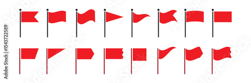 Set of eight red flag icons with various shapes. Flat style design isolated on white background.