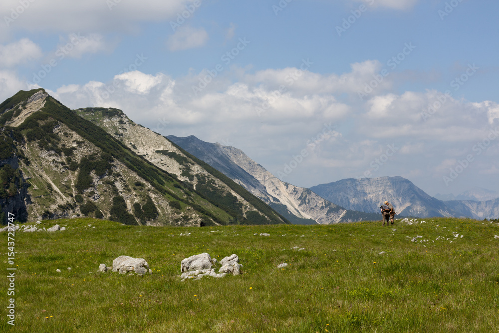 Fototapeta premium Hiking in zireinersee lake area in tyrol, austria with majestic mountain views and lush greenery