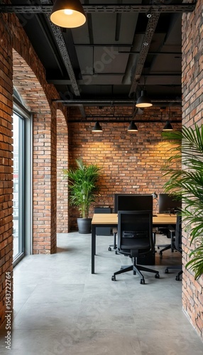 Modern office interior with exposed brick walls, concrete floor, and green plants. Features a large window and black office chairs around a wooden table.