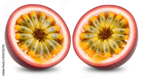 Passion Fruit Revelation: A vivid, close-up showcases the cross-section of a fresh passion fruit, revealing its exotic, seed-filled interior, a visual ode to nature's intricate artistry.