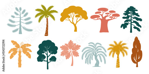 Collection of multicolor tree silhouettes including Oak, Pine, Willow, Cypress, Palm, and more. Vibrant botanical set perfect for nature, landscape, and design projects. Transparent background.