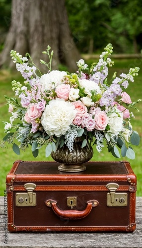 A vintage brown suitcase holds a beautiful floral arrangement. The bouquet features pink roses, white hydrangeas, and green foliage, set against a natural background.