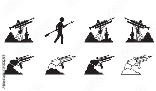 Black and white vector illustrations of cartoon weapons and war equipment ready for action.