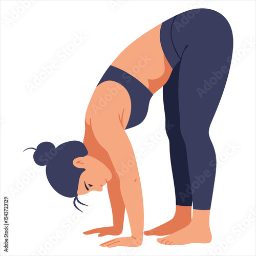 Standing Forward Bend Yoga Pose Vector Illustration - Flexible Woman Practicing Stretching and Mindfulness for Wellness, Relaxation, and Fitness in Modern Flat Style for Health & Wellbeing