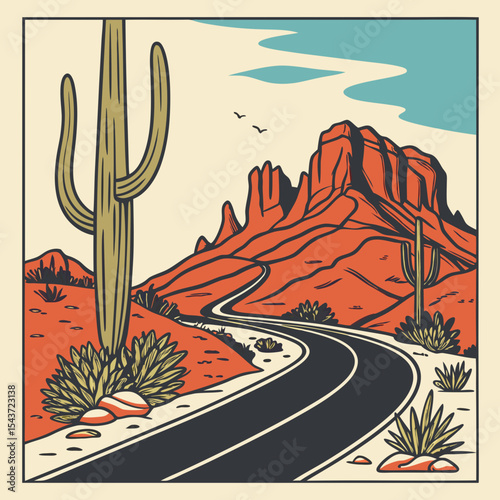 Scenic desert landscape featuring winding road, towering cacti, and majestic red rock formations under a clear blue sky, capturing the essence of natural beauty and adventure