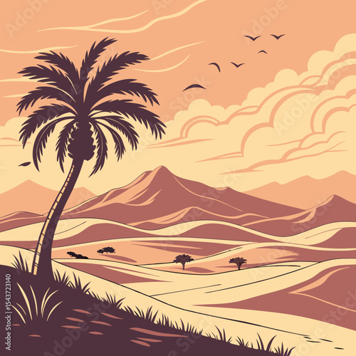 Vibrant flat illustration of a serene desert landscape featuring a tall palm tree, rolling sand dunes, distant mountains, and a colorful sunset sky with birds flying overhead, evoking tranquility and 