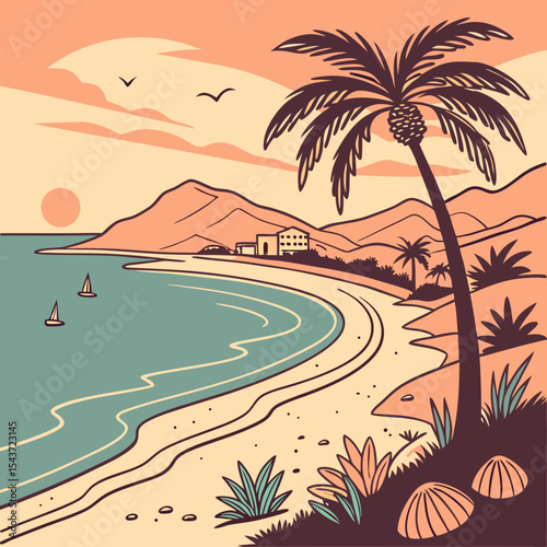 Tropical beach scene featuring palm trees, gentle waves lapping at the shore, distant sailboats on the horizon, and a warm sunset casting vibrant colors across the sky, creating a serene atmosphere