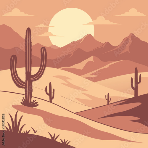 Desert landscape illustration featuring tall cacti silhouetted against a large sun setting behind distant mountains, creating a warm and tranquil atmosphere in a minimalist style