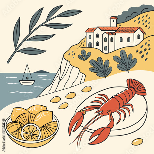 Colorful flat illustration featuring a lobster on a plate, fresh lemons in a bowl, coastal scenery with a boat, and a charming house on a cliff, evoking a Mediterranean culinary experience