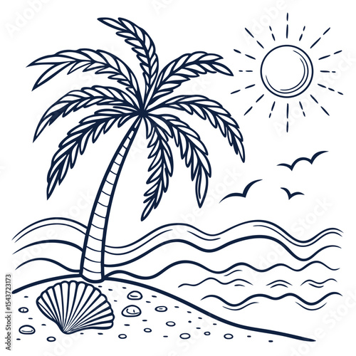 Tropical beach scene featuring a palm tree swaying gently in the breeze, sun shining brightly above, waves lapping at the shore, and seagulls flying in the clear blue sky