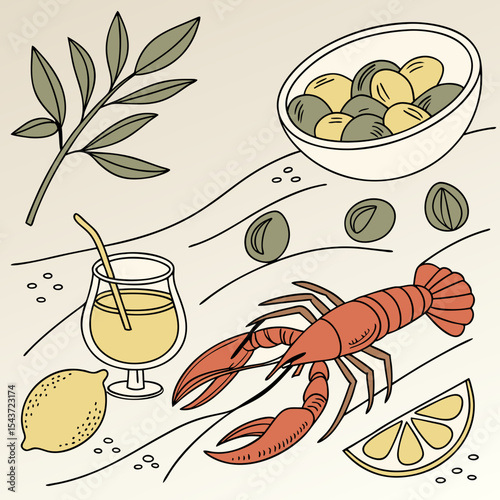Colorful flat illustration featuring a lobster, lemon slices, a glass of beverage, and a bowl of olives, arranged artistically on a textured background, evoking a Mediterranean culinary theme