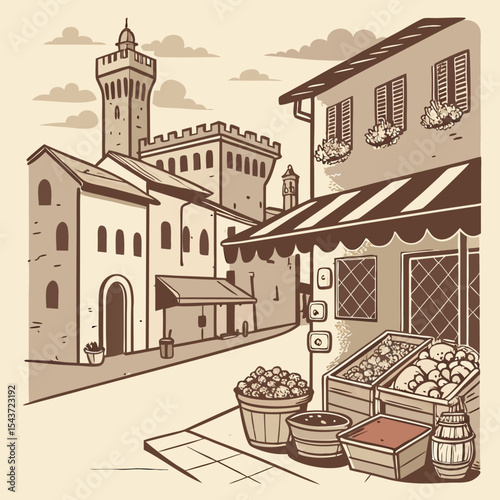 Charming street scene featuring a quaint market with fruit stands, rustic buildings, and a historic tower in the background, creating a picturesque atmosphere of daily life