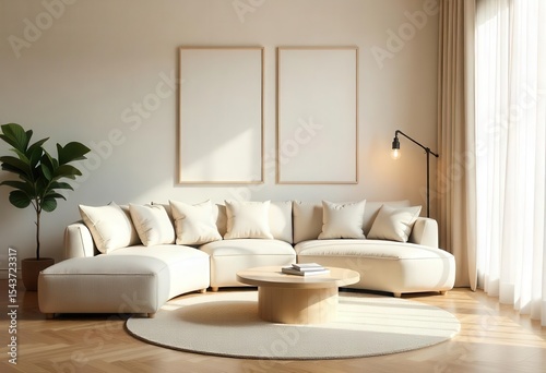 Modern Minimalist Living Room Interior with Blank Poster Frames – Neutral Toned Sofa and Wooden Coffee Table

