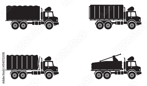 Black silhouette illustrations of various truck styles for logistics and transportation purposes