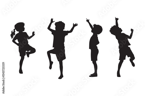 Set of Children Silhouettes in Various Poses and Activities