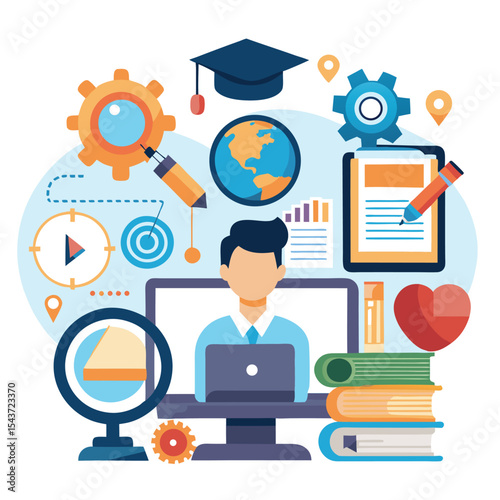 Online Learning Illustration Man Laptop Globe Books Gears