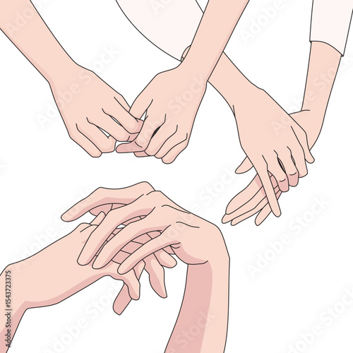 Vector art of supportive hands holding together, hands joined on table, or held gently in front of the body. Symbolizes empathy, reflection, unity, and emotional connection.