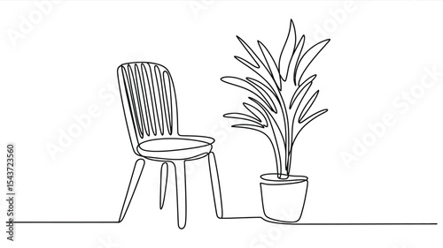 Single line drawing of chair and houseplant