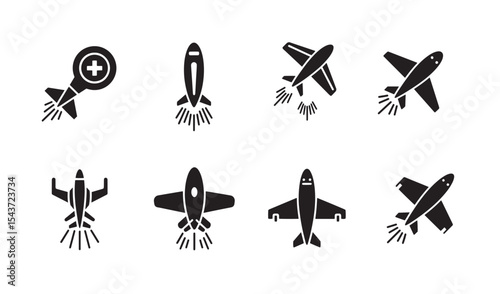 Collection of black airplane and rocket icons for aviation and space travel concepts