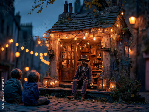 A whimsical puppet show taking place in a tucked-away alley during Edinburgh Festival Fringe, two puppeteers dressed in steampunk costumes