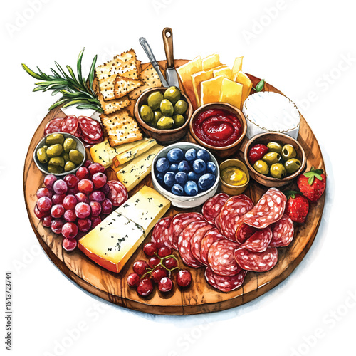 Watercolor charcuterie board with cheese salami olives grapes berries and crackers on transparent background