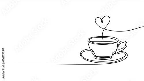 Single line drawing of coffee cup with heart steam