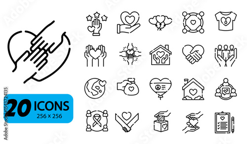 Charity and Donation Line Icons Set for UI/UX Design, Social Projects, and Nonprofit Organizations